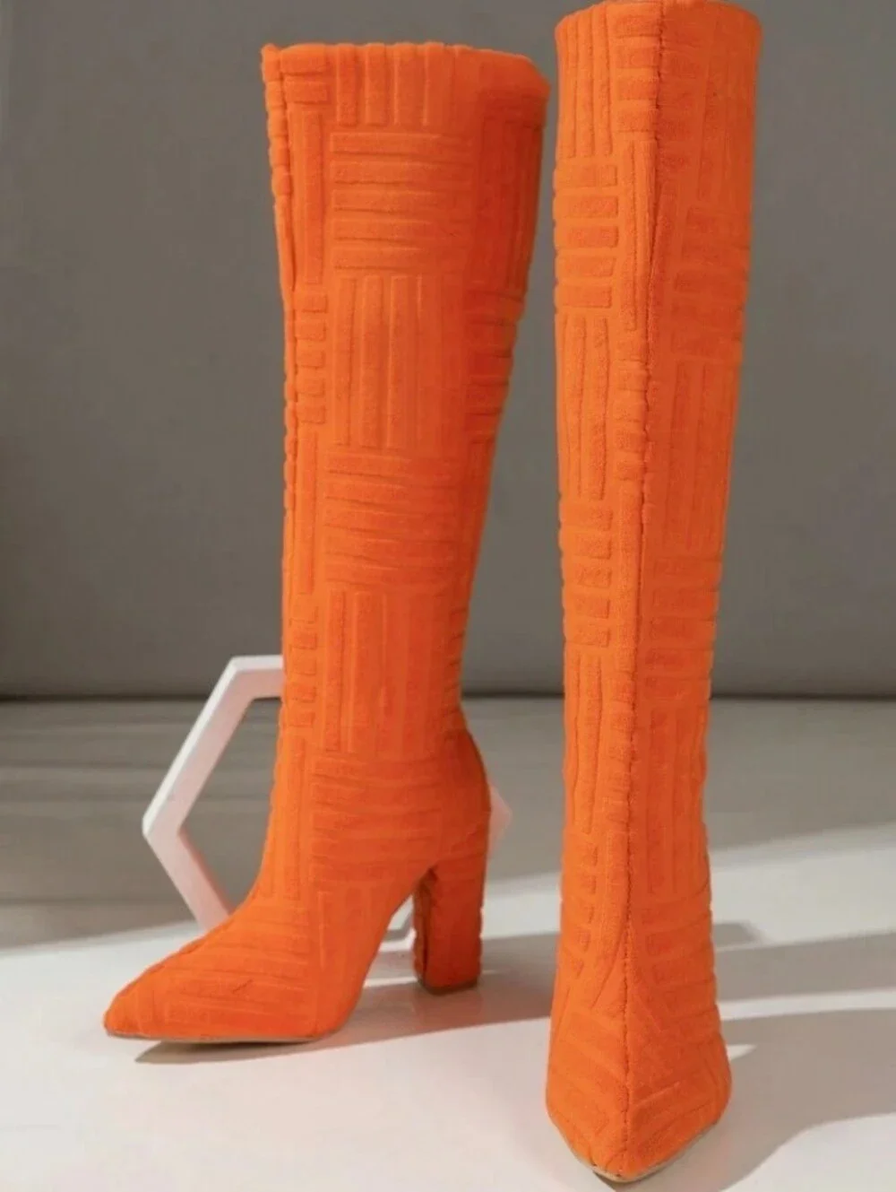New! Retro Fabric Orange Knee-High Block Heel Boots - Women's